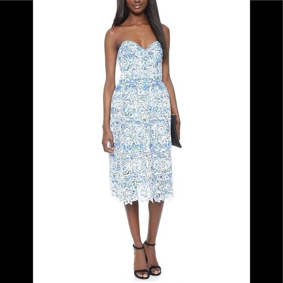 Parker Azalea Strapless Sweetheart-Neck Lace Dress, Glacius Brocatto eyelet midi - Picture 3 of 11